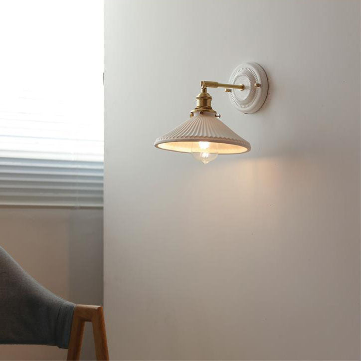 Hardwired Ceramic Sconce with Brass Accent, E26 Socket for Bedroom & Study, 9 in Modern Wall Light