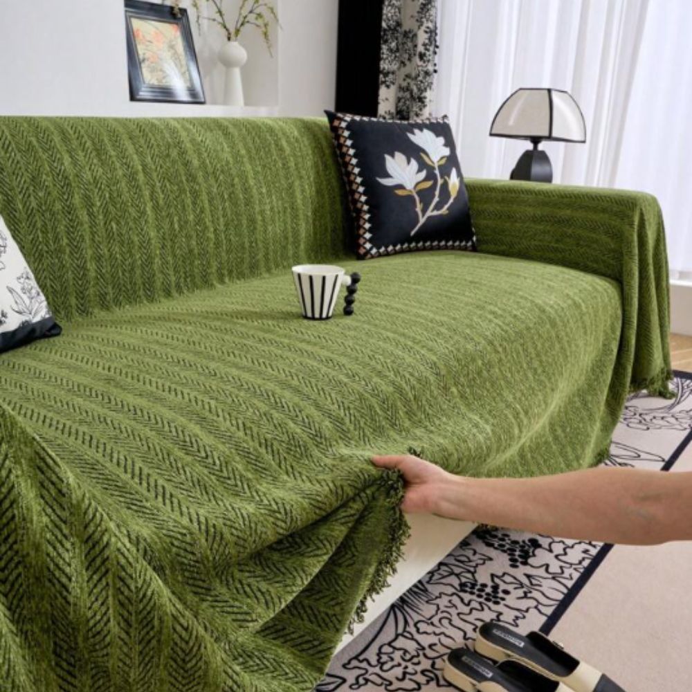 Textured Chenille Couch Cover with Tassels – Non-Slip Pet-Friendly Sofa Protector for 2-3-4 Seater Sectional Living Room Furniture