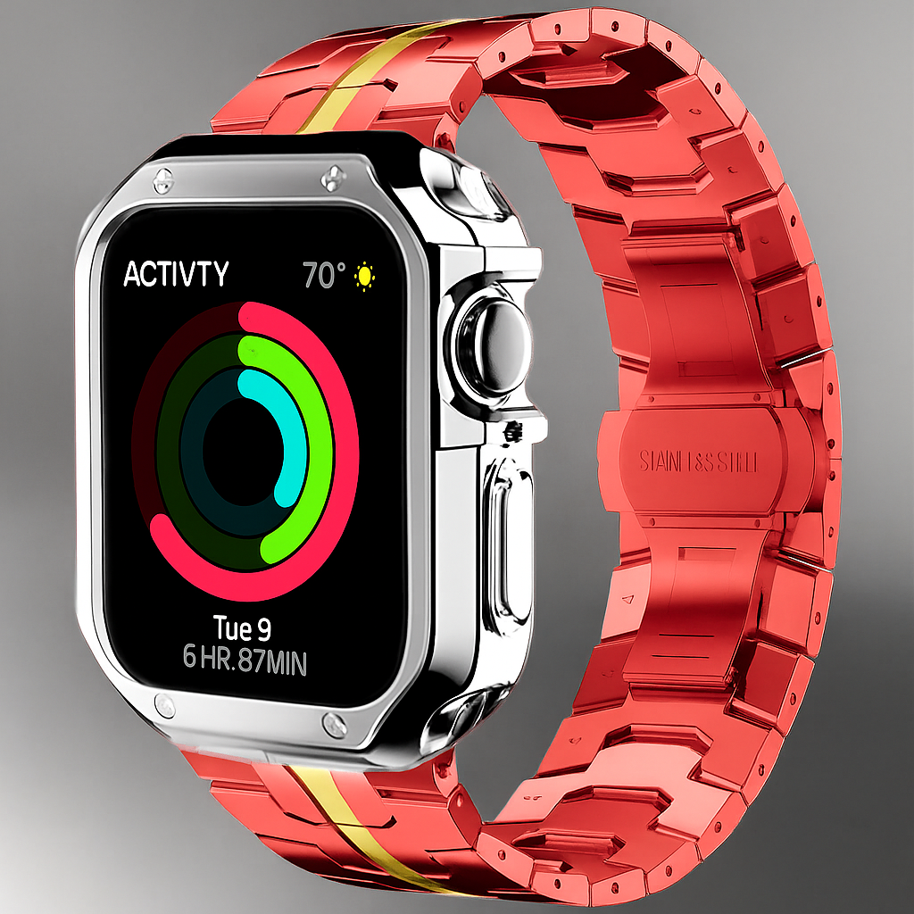 Metal Link Watch Band with Armor Frame for Apple Watch – Titanium-Style Bracelet & Open-Face Protection Case Bundle – Butterfly Clasp