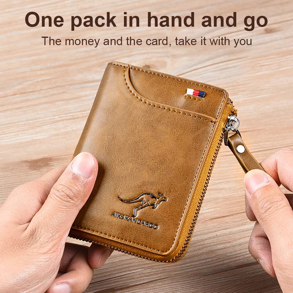 Zipper Bifold Wallet with RFID Protection 14 Card Slots Cash Pocket Vintage Leather for Men Daily Carry Travel Organization