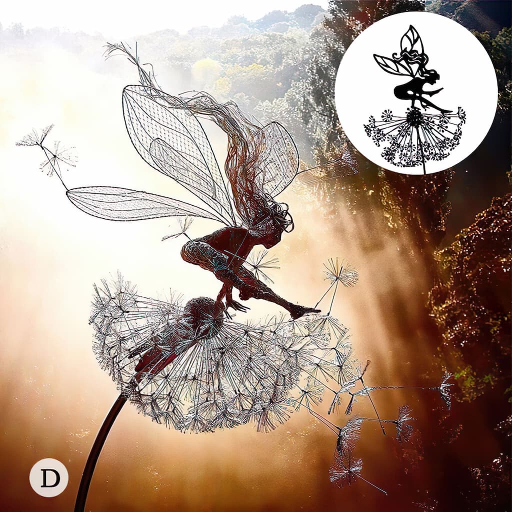 Metal Fairy Garden Stake with Dandelion Silhouette – Whimsical Outdoor Yard Art, Weather-Resistant Lawn Ornament for Flower Beds & Walkways