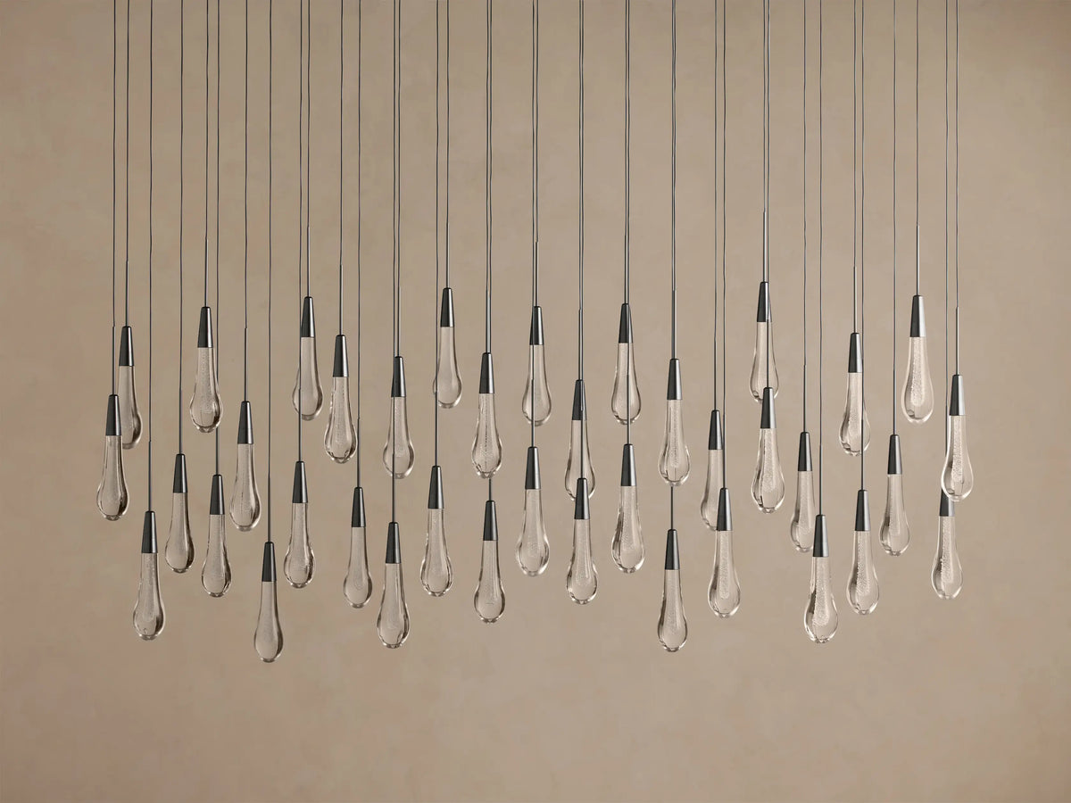 Cascading Raindrop Linear LED Chandelier – Textured Glass Orbs, Adjustable Height, Vaulted Ceiling Ready – 37 to 120 Inch Options for