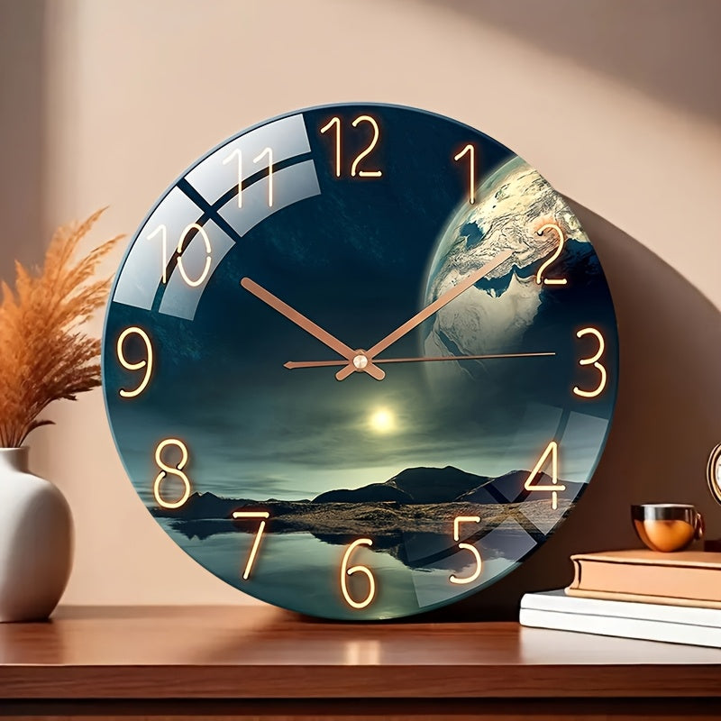 Elios Modern Wall Clock - Tempered Glass, Earth Landscape Design