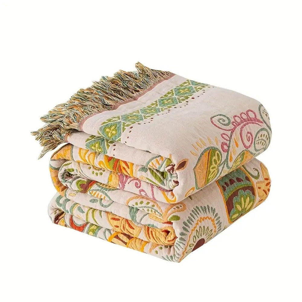 Cotton Gauze Throw with Tassel Trim – Reversible Floral Lightweight Blanket for Couch Sofa Bed – Breathable All-Season Layer