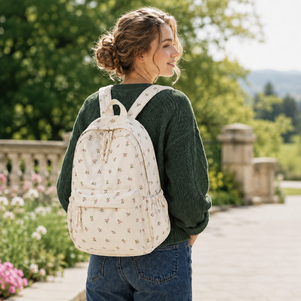 Floral Print School Backpack with Multiple Pockets for Students & Daily Use