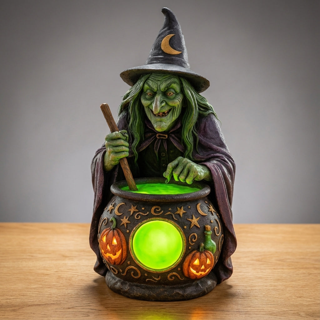 USB-Powered Glowing Cauldron Figurine with Neon Green LED Light for Halloween Decor, Fantasy Themed Rooms, Spooky Party Centerpiece, Tableto