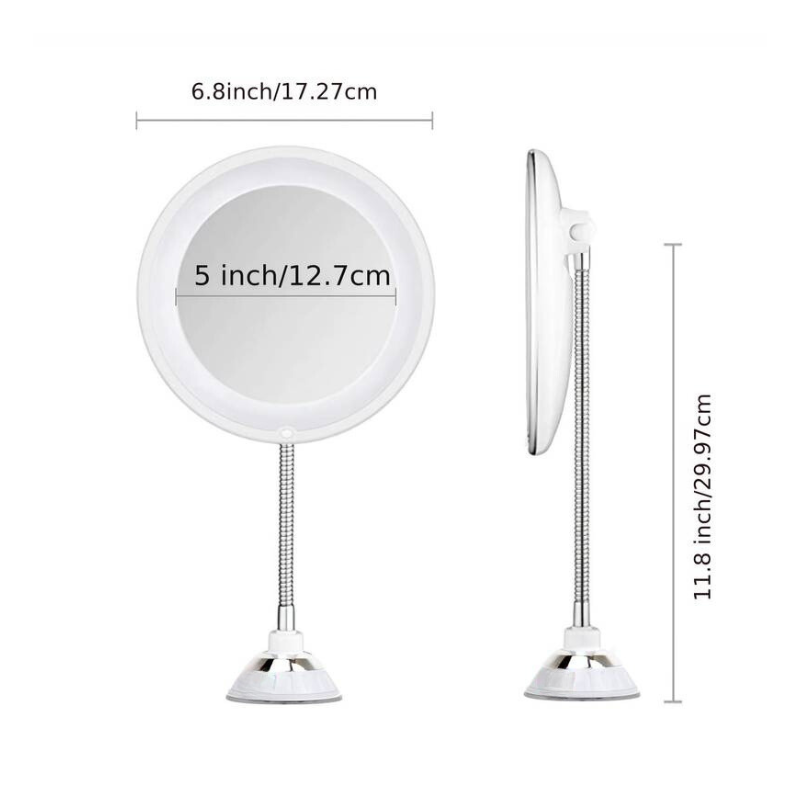 Flexible LED Makeup Mirror with 10X Magnification for Bathroom Vanity – Adjustable Gooseneck, Suction Mount, Natural Daylight for Skincare