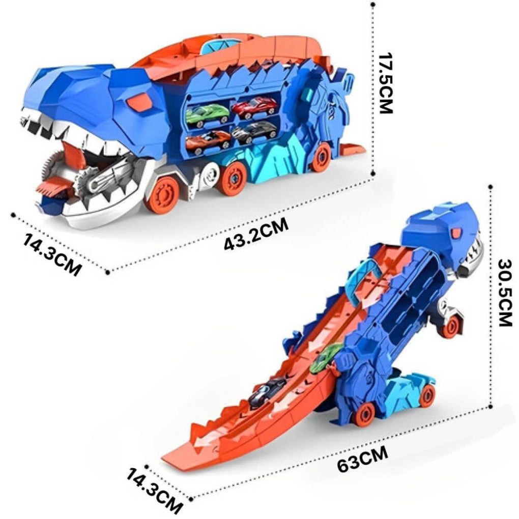 Dinosaur Transport Truck with Transforming T-Rex & Racing Track – Stores 18 Cars, Interactive Vehicle Launcher for Kids 3+