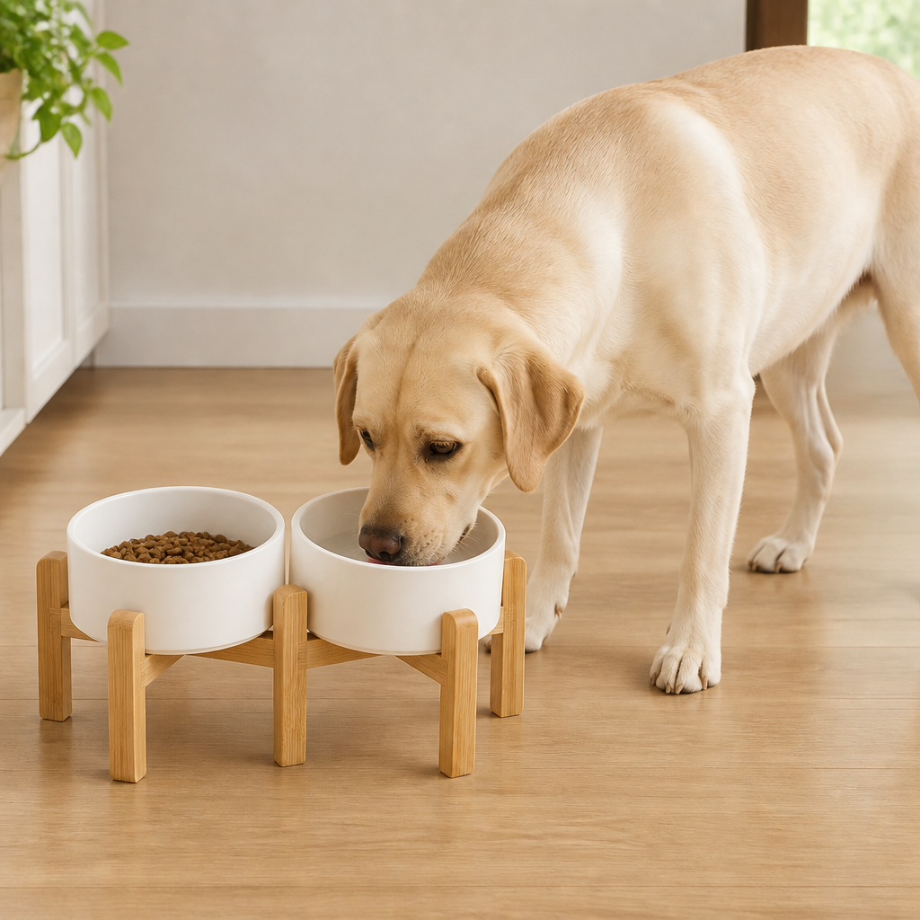 Ortekor Elevated Wooden Stand & Double Ceramic Dog Bowl