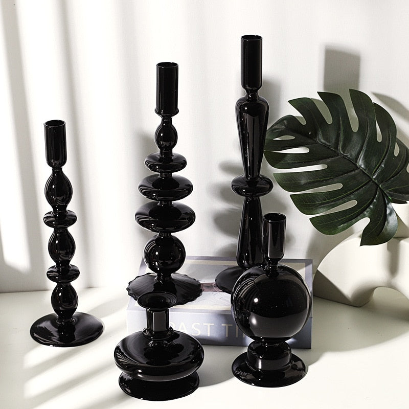 Elegant Black Glass Candle Holders for Taper Candles - Sophisticated Home Decor and Unique Candle Stick Holders