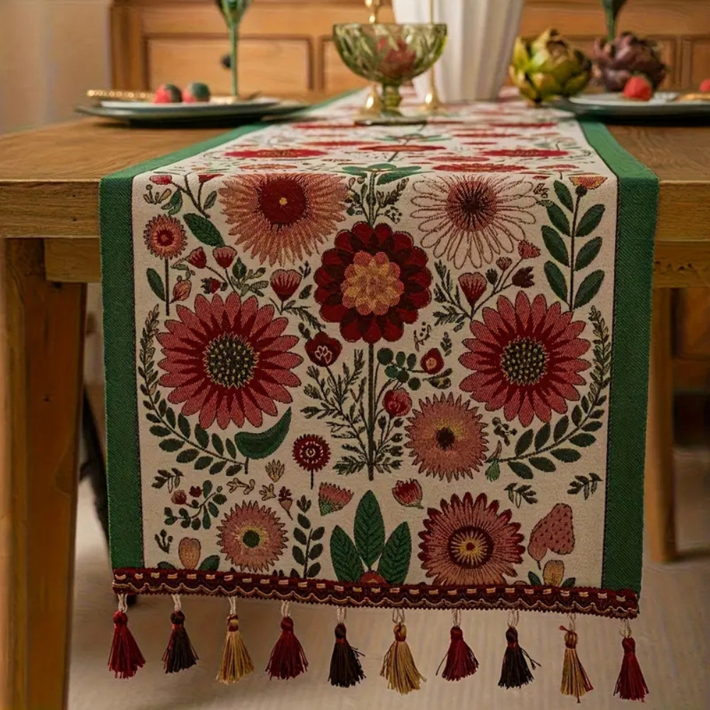 Elysia Table Runner - Embroidered Floral with Tassels