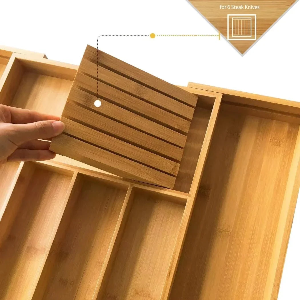 Bamboo Drawer Organizers Expandable Set, Kitchen Drawer Organizer for Utensils, Desk Drawer Organizer for Office