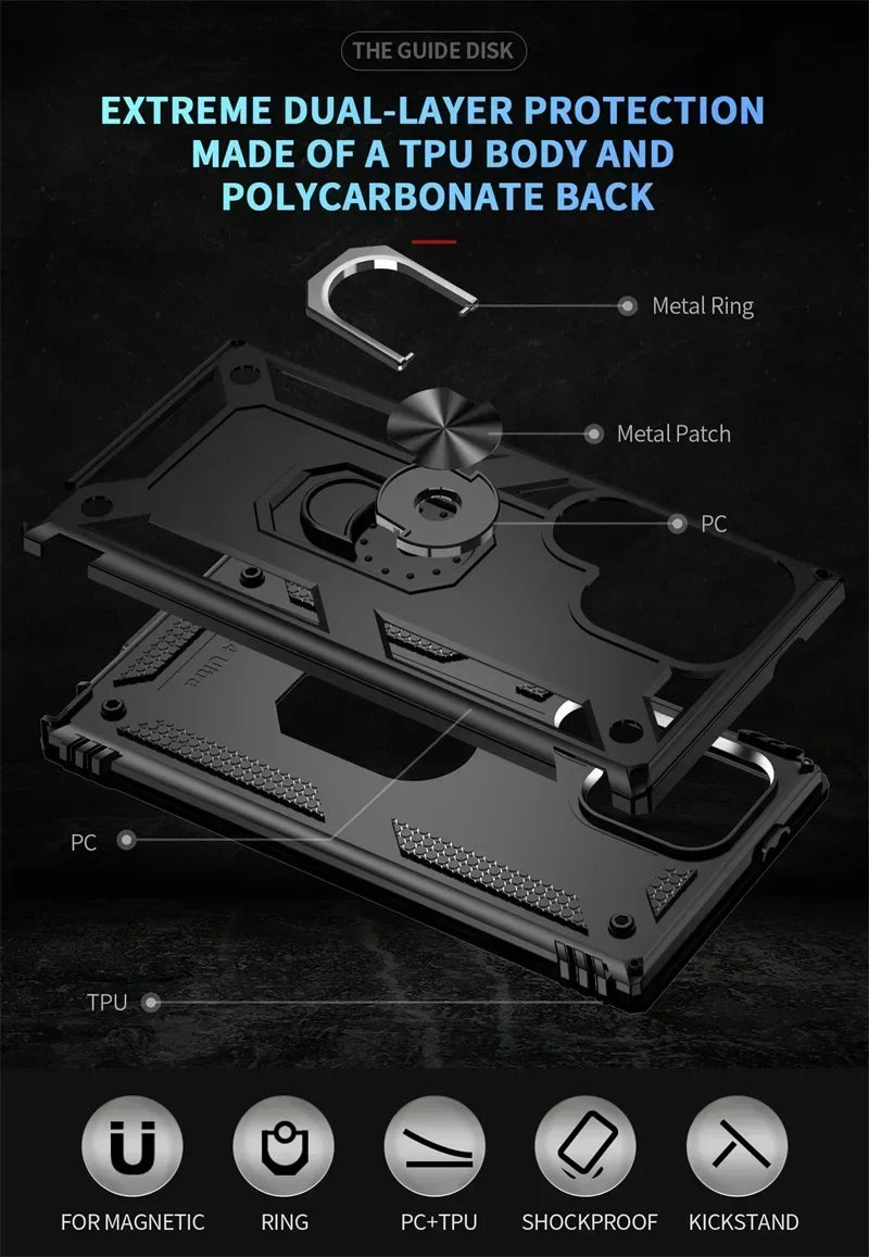 Samsung Galaxy Rugged Case with Ring Stand & Magnetic Mount – Shockproof Hard Shell Cover for Daily Drop Protection