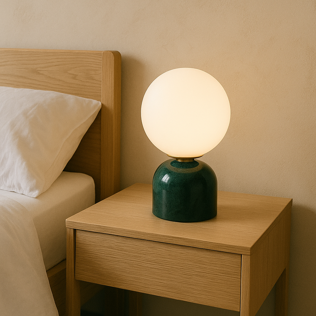 Minimalist Globe Accent Lamp with Natural Stone Base – Frosted Sphere Design for Nightstands, Side Tables & Console Styling – Soft Glow Illu