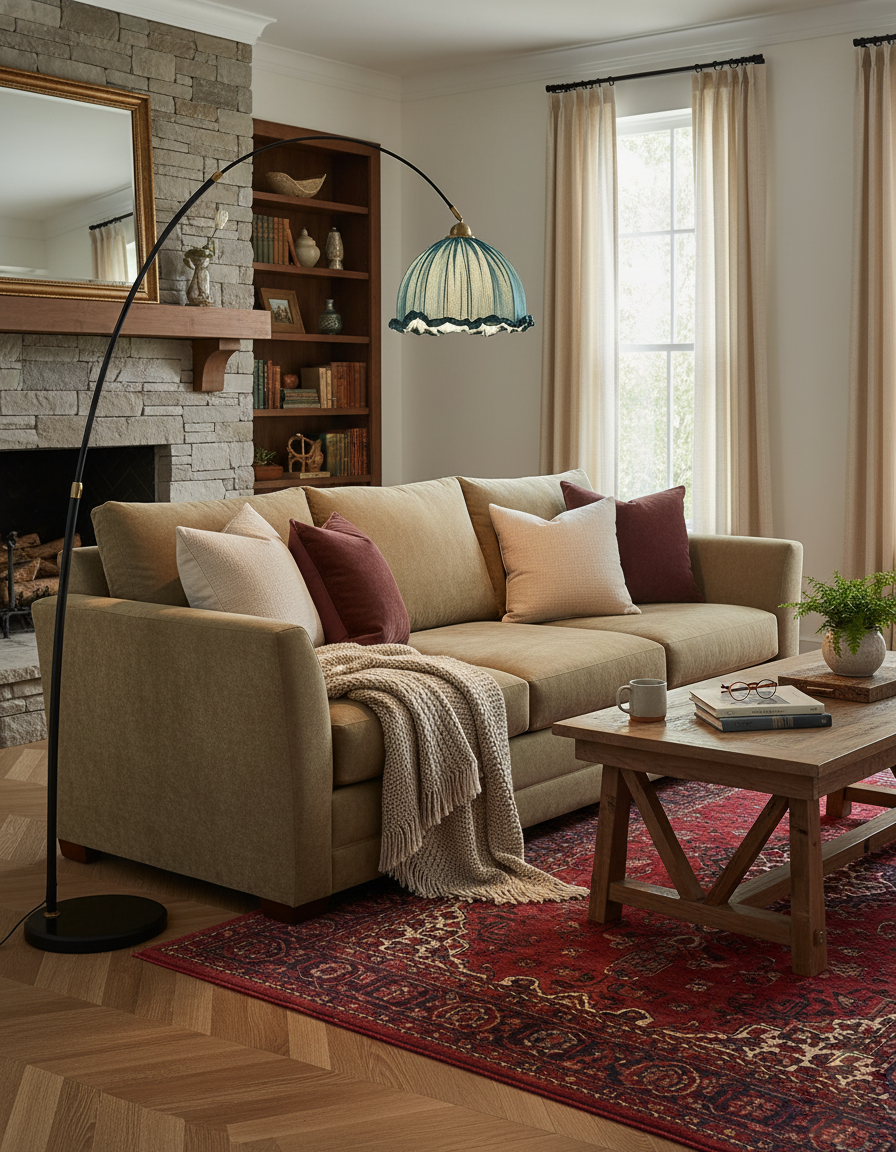 Modern Arc Floor Lamp with Fabric Shade & Black Metal Base | Elegant Lighting for Living Room