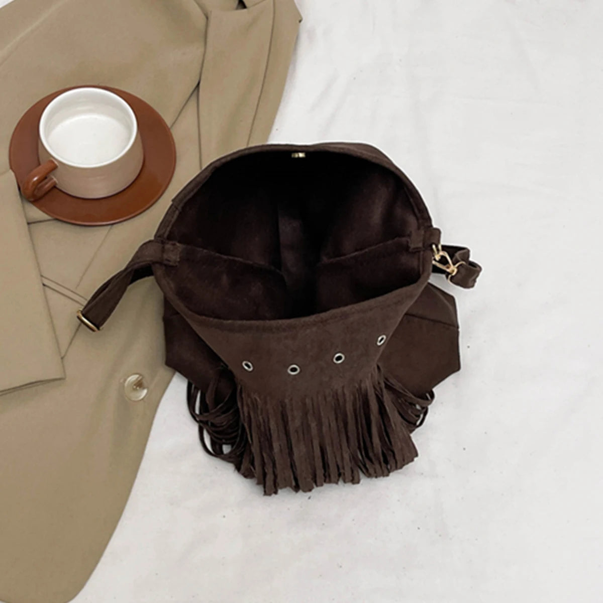 Maria | Faux Suede Fringe Shoulder Bag with Unique Eyelet Accents | Stylish Slouchy Hobo for Everyday Charm