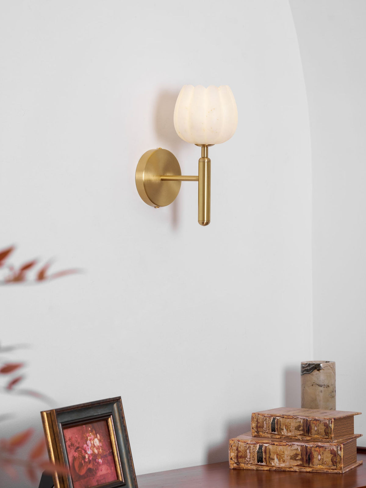 LED Wall Sconce with Alabaster Shade Brass Finish 12 in Indoor Accent Light for Bedroom Hallway Living Room Modern Floral Design E12 Base 15