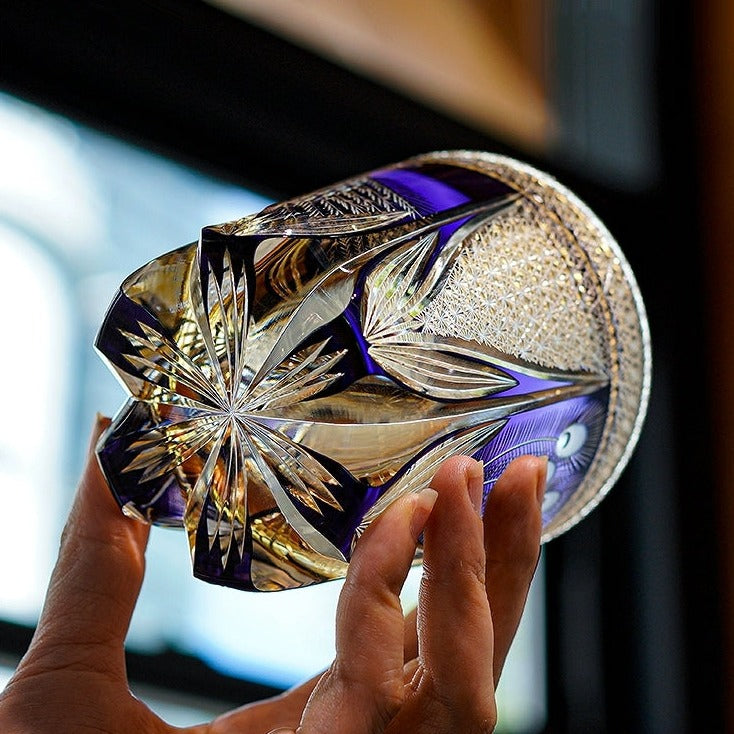 Japanese Cut Crystal Spirits Tumbler with Purple Peacock Motif & Gift Box for Whiskey Bourbon Scotch Cocktails Home Bar Drinkware Glassware