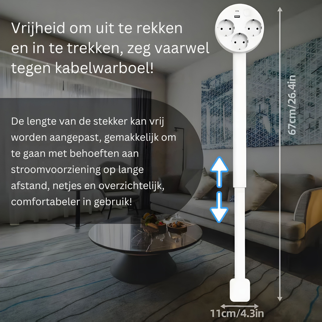 Telescoping Power Strip 19-26 Inch Adjustable with USB Charging Ports for Desk Nightstand Bedside 3 Outlets 2 USB 180° Swivel Head Vertical