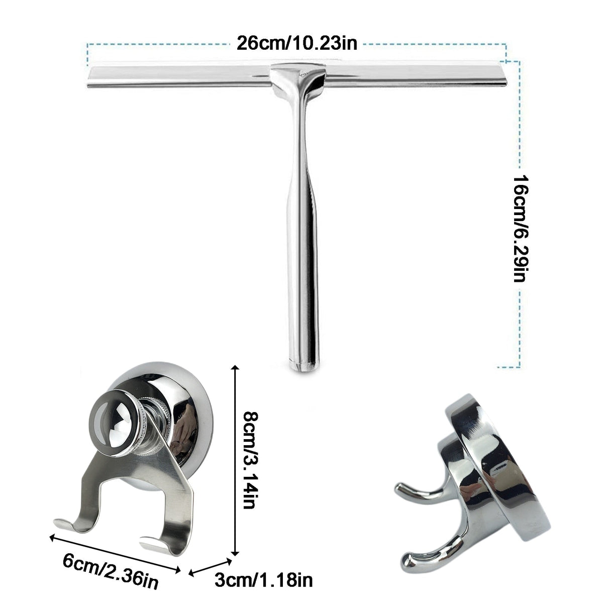 Stainless Steel Shower Squeegee for Glass Doors – Non-Slip Handle, Streak-Free Bathroom Cleaning Tool with Suction Cup Hook for Tile