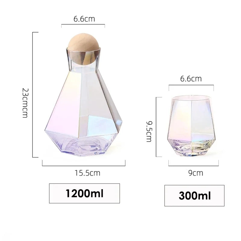 Geometric Glass Pitcher and Tumbler Set for Cocktails, Water & Juice – 5-Piece Beverage Serving Collection with Wooden Stopper
