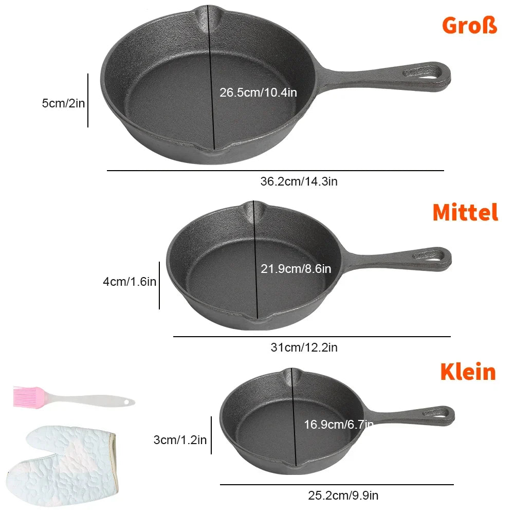 Three-Piece Skillet Set Uncoated Iron 6.3-Inch 7.9-Inch 10.2-Inch Black Multi-Cooktop Compatible Heat-Retaining Pan Collection