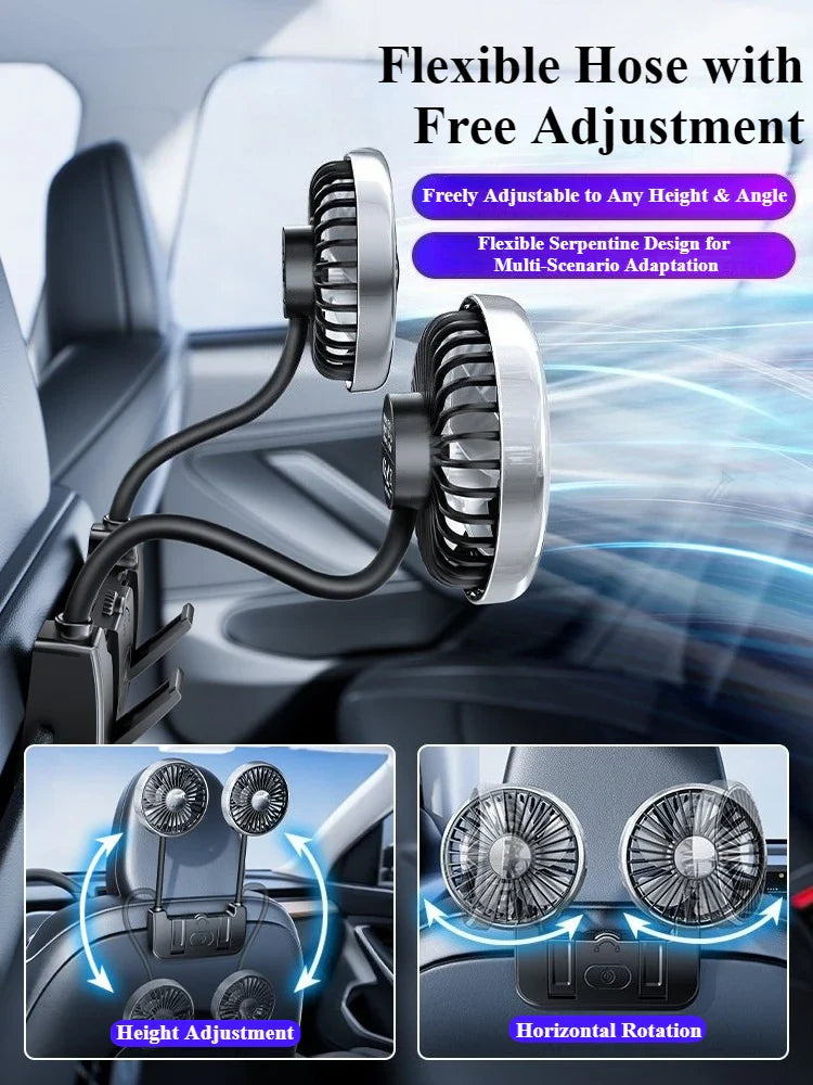 Dual-Head Car Fan | USB-C Powered with 360° Rotation | Adjustable Airflow for Rear Seat Comfort