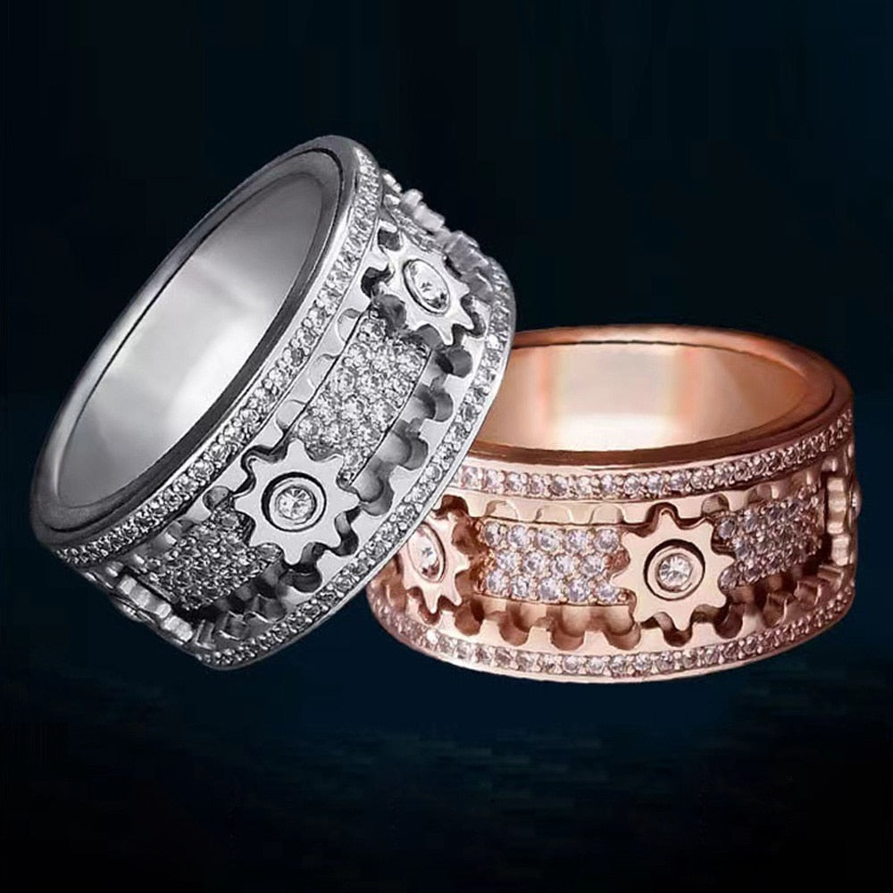 Rotating Gear Ring with 6 Moving Cogs – Stainless Steel Fidget Spinner Ring with Cubic Zirconia Stones for Focus & Stress Relief