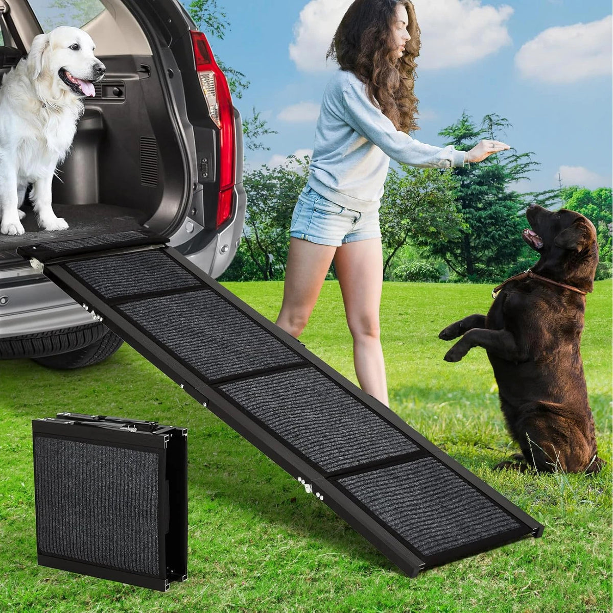 Dog Ramp for SUV and Truck, Quad Fold Pet Ramp with Anti Slip Surface, Heavy Duty Car Ramp for Dogs and Large Breeds