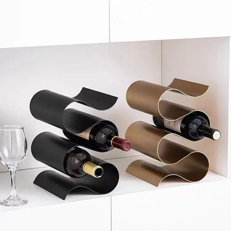 Sculptural Metal Wine Rack for Countertop – Elegant Wavy Design Holds 3 Standard Bottles, Compact Wine Storage Racks