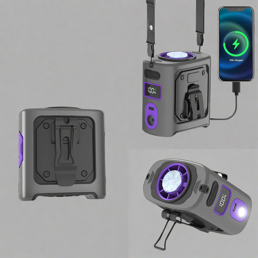 Portable Fan with Power Bank, Neck Fan with LED Flashlight, Rechargeable Mini Fan with Waist Clip for Travel