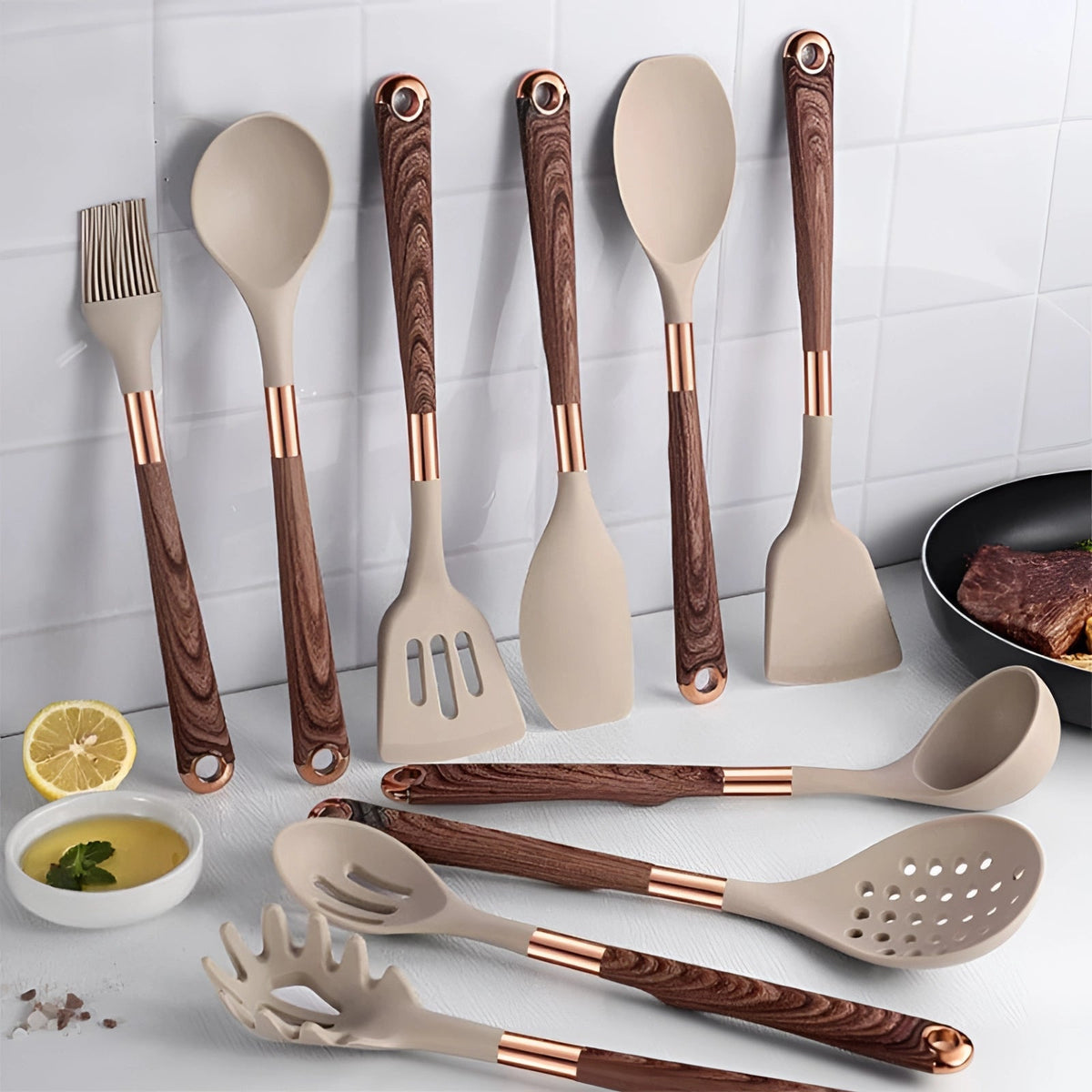 Luxury Kitchen Utensils Set | Silicone Cooking Tools with Copper & Wood Handles | Ergonomic Design for Comfortable Cooking