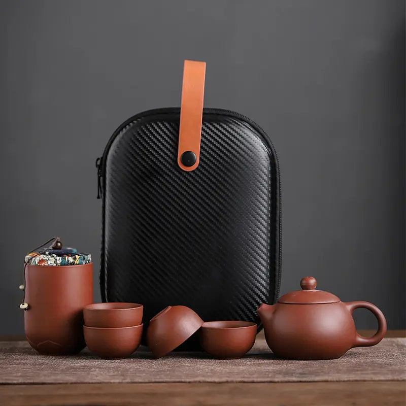 Ceramic Teapot Set with Travel Case 5.6 oz Pot Four Cups Portable Carrier for Camping Outdoor Picnics Office Breaks Gongfu Tea Ceremony Kung