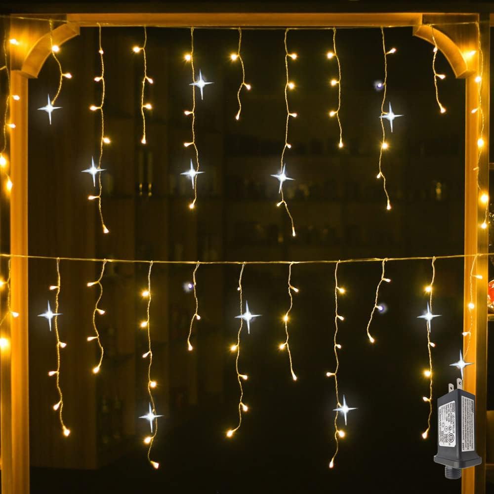 Warm White Icicle String Lights with Twinkling Effect for Indoor & Outdoor Christmas Holiday Decorations, Expandable LED Curtain Lights