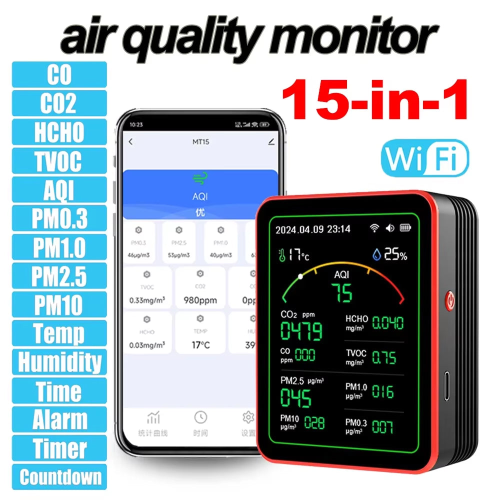 15-in-1 Indoor Air Quality Monitor with WiFi – Real-Time CO2, VOC, Formaldehyde & PM2.5 Detector for Home, Office & Smart Automation