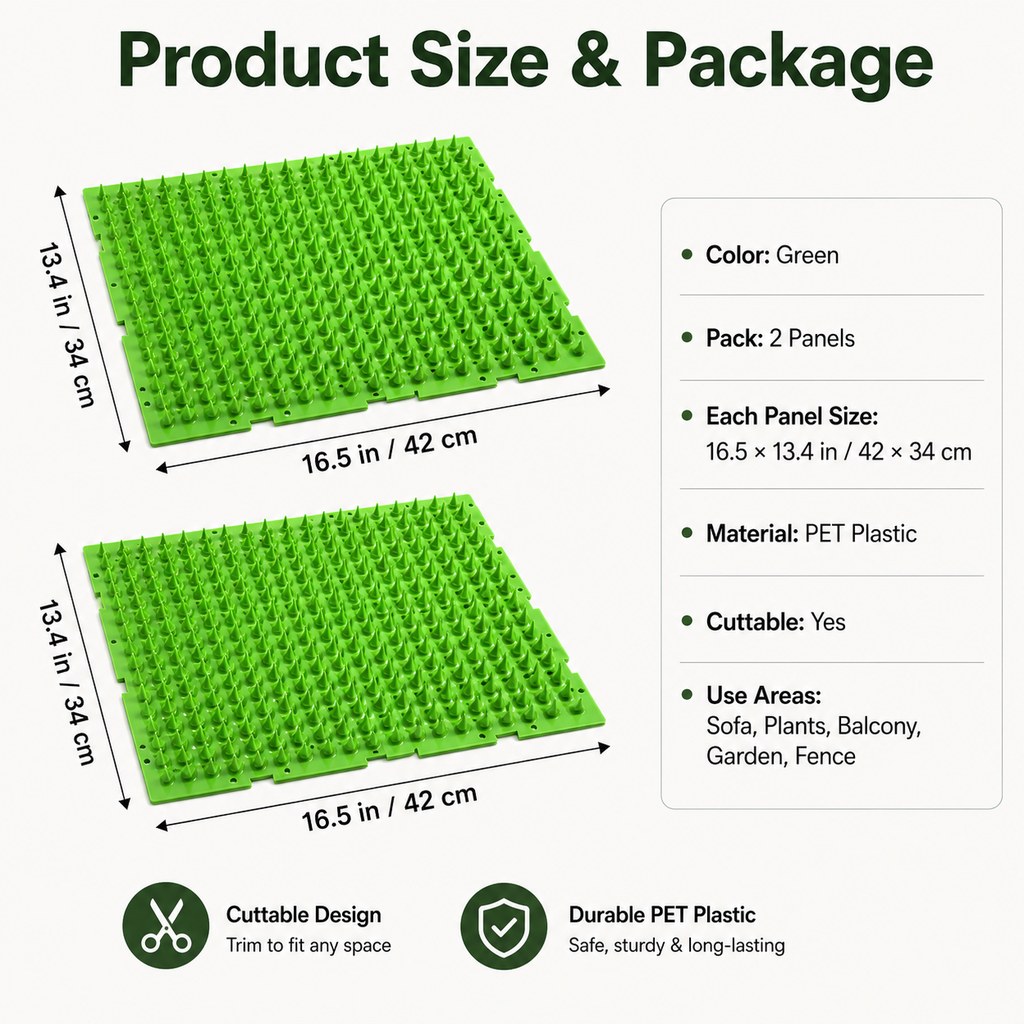 Ortekor 2-Pack Green Cut-to-Fit Cat Deterrent Mat for Sofas, Plants & Balconies - Helps Protect Furniture from Scratching, Digging & Curious Paws