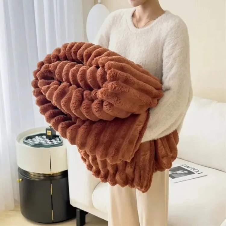 Plush Striped Throw Blanket - Faux Fur Weighted Comfort Blanket for Couch & Bed - Ultra Soft Decorative Stripe Pattern for Living Room &