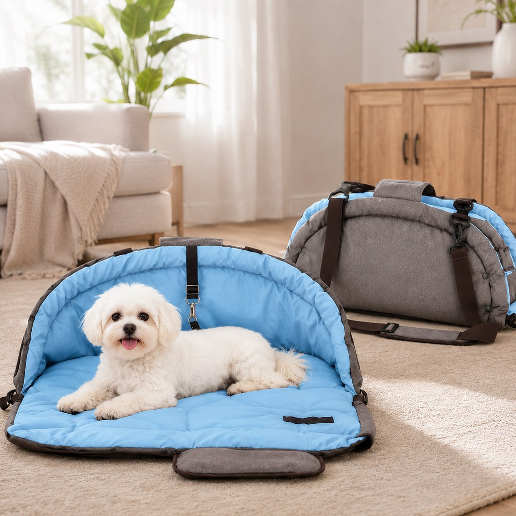 Ortekor 2-in-1 Foldable Dog Travel Bed & Carry Bag – Portable Cushioned Pet Bed for Road Trips, Car Rides & Home – Folds for Easy Travel & Cozy Rest Anywhere