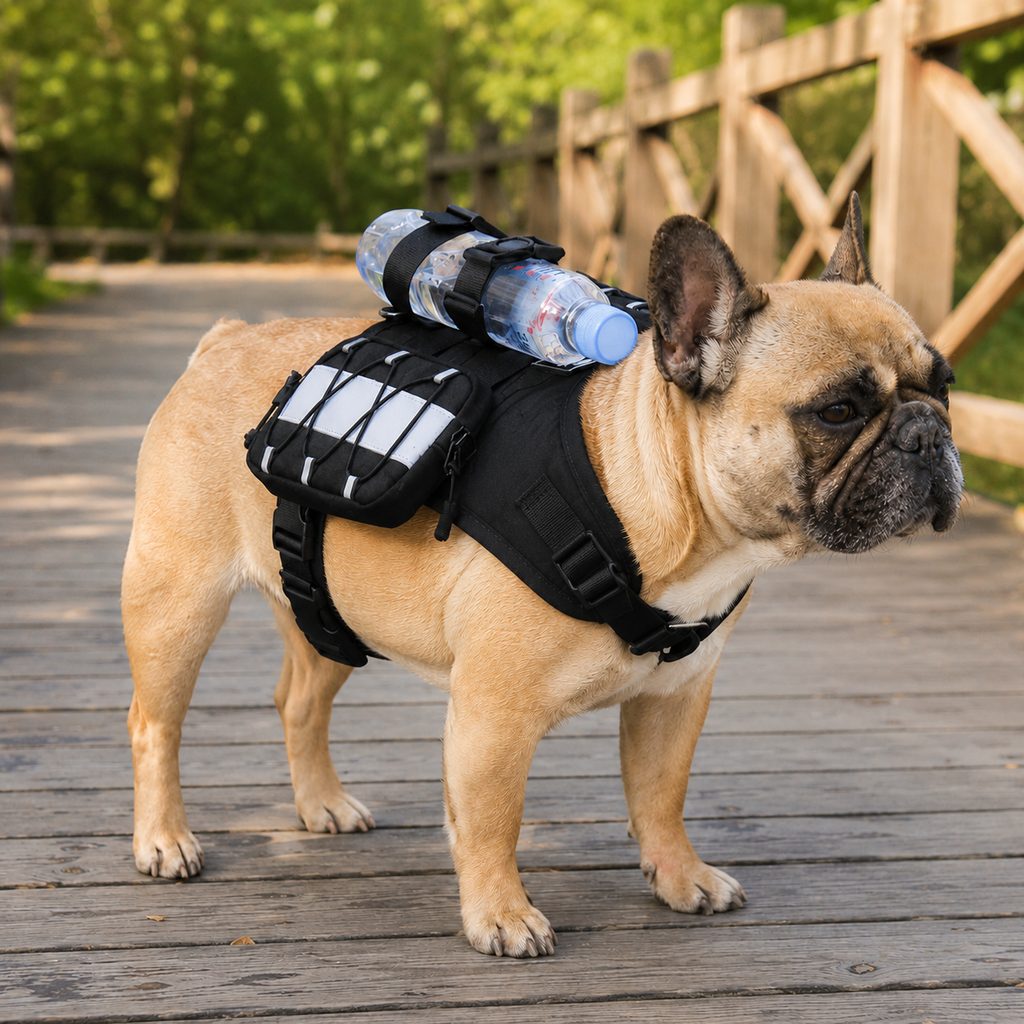 Ortekor Frenchie Tactical Dog Vest Backpack for Daily Walks - Reflective Small Dog Harness with Water Bottle Holder & Side Pockets