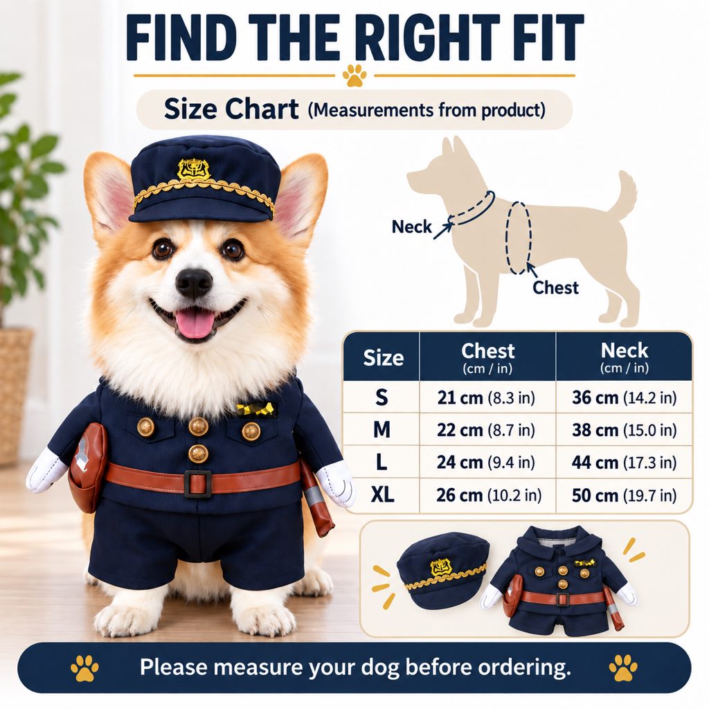 Halloween Police Officer Dog Costume with Hat โ Funny Pet Cop Uniform for Trick-or-Treating, Parties & Photo Moments