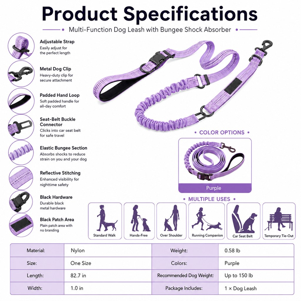 Ortekor Hands-Free Shock-Absorbing Dog Leash for Running, Walking & Car Travel - Bungee Leash Helps Reduce Pulling
