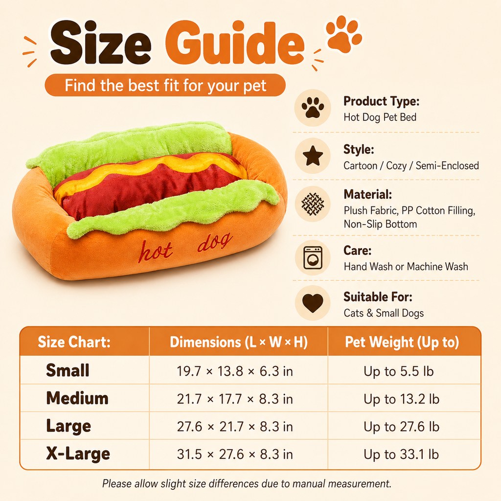 Ortekor Hot Dog Pet Bed for Cats & Small Dogs - Plush Bolster Bed with Removable Cushion for Cozy Indoor Naps