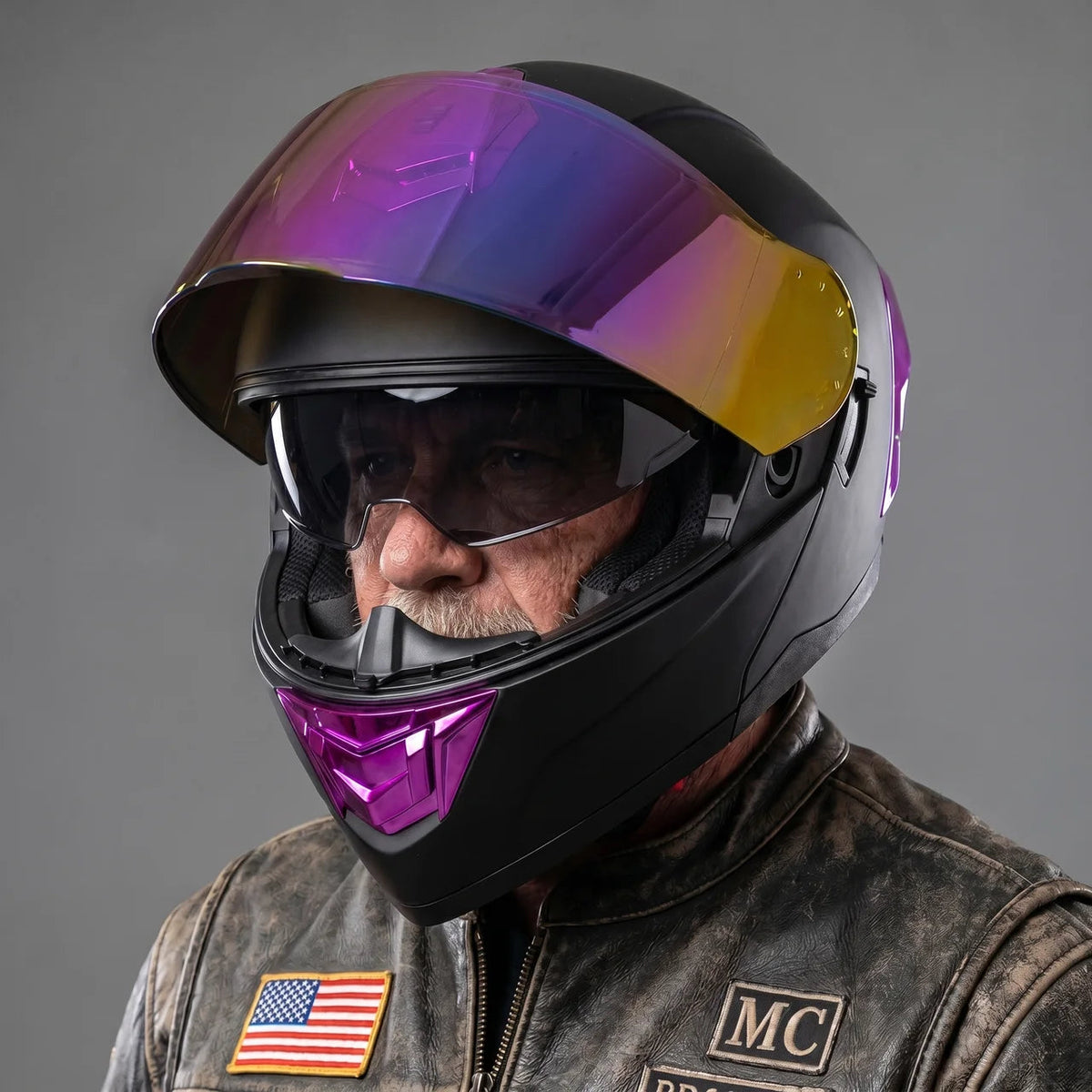 Modular Helmet | Iridescent Purple Design with Flip-Up Chin | Stylish Safety for Daily Rides
