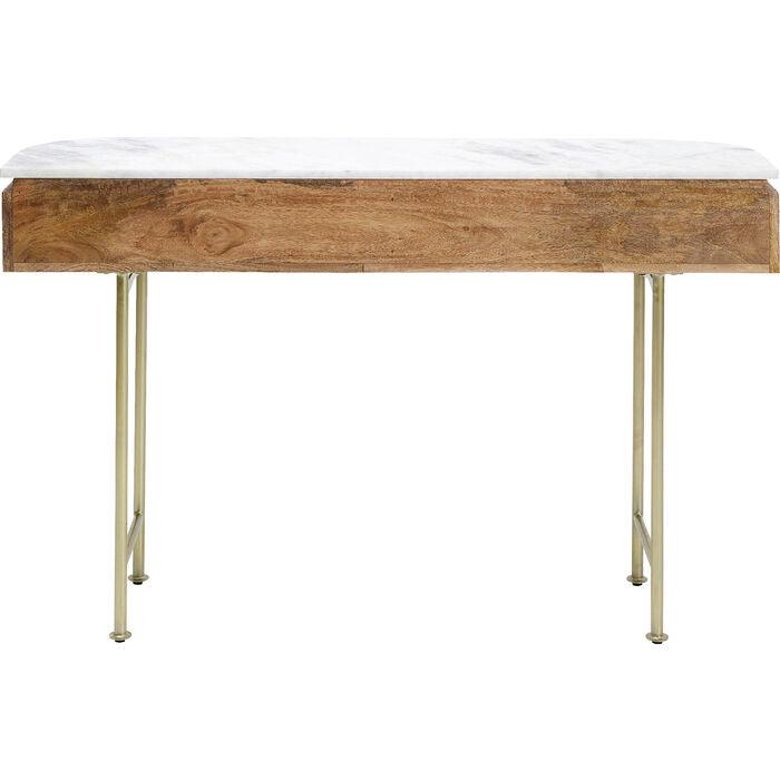 Entryway Table with Marble Top 39 in Natural Mango Wood Gold Metal Base 2 Drawers for Foyer Living Room Bedroom Storage Hallway Furniture