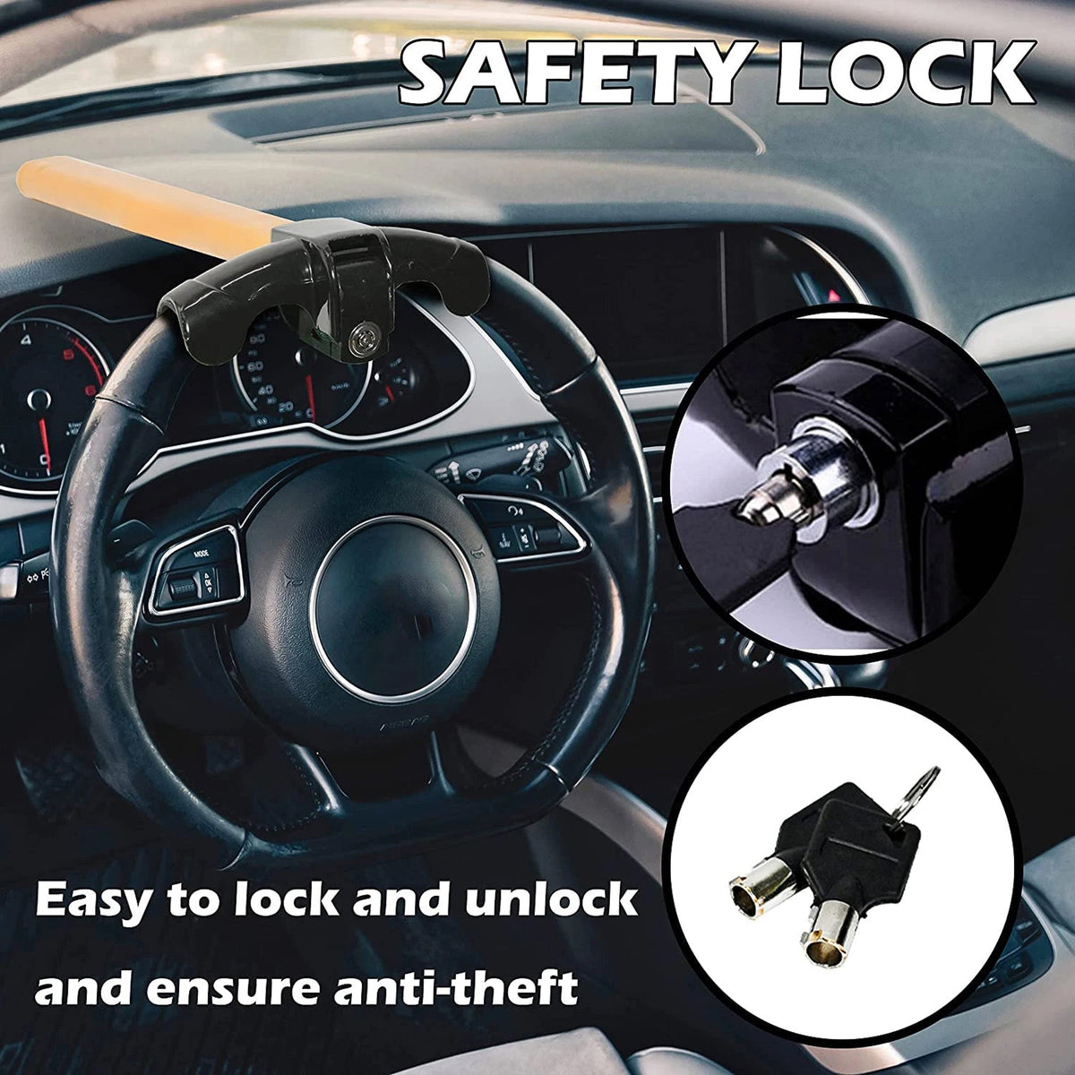Heavy-Duty Steering Wheel Lock Bar – Anti-Theft Car Security Device with High-Visibility Design for Cars, Trucks, SUVs & Vans