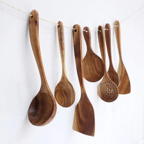 Natural Teak Wood Kitchen Utensil Set with Durable Design | 8-Piece Collection for Effortless Cooking