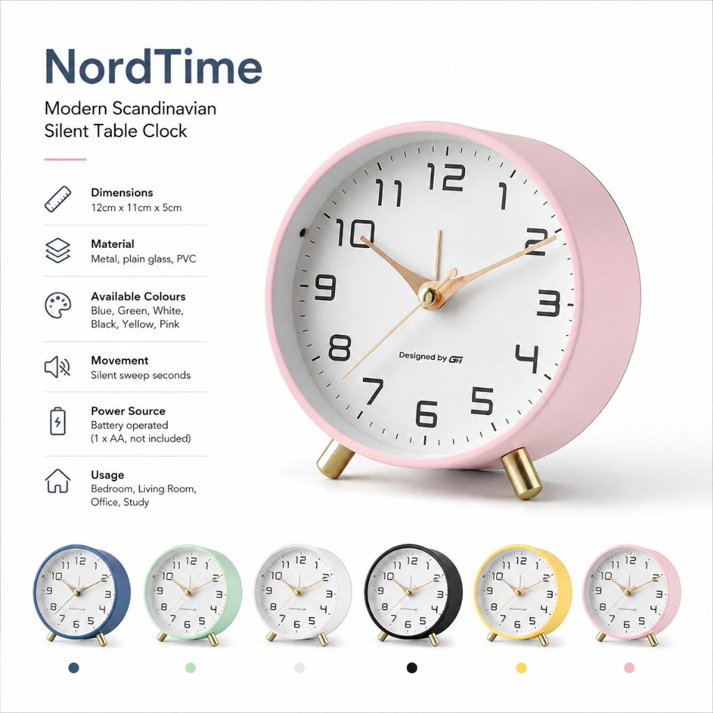 Contemporary Desk Clock Silent Sweep Movement Metal Frame Glass Face 6 Colors Bedroom Office Nightstand Quiet Timepiece Minimalist