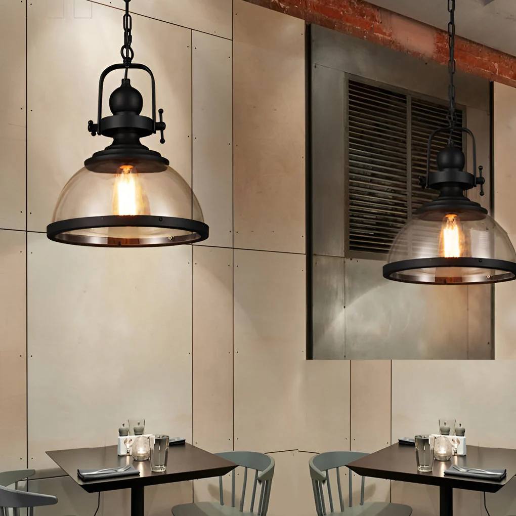 Round Glass Drop Ceiling Light, Vintage Metal Pendant Lamp