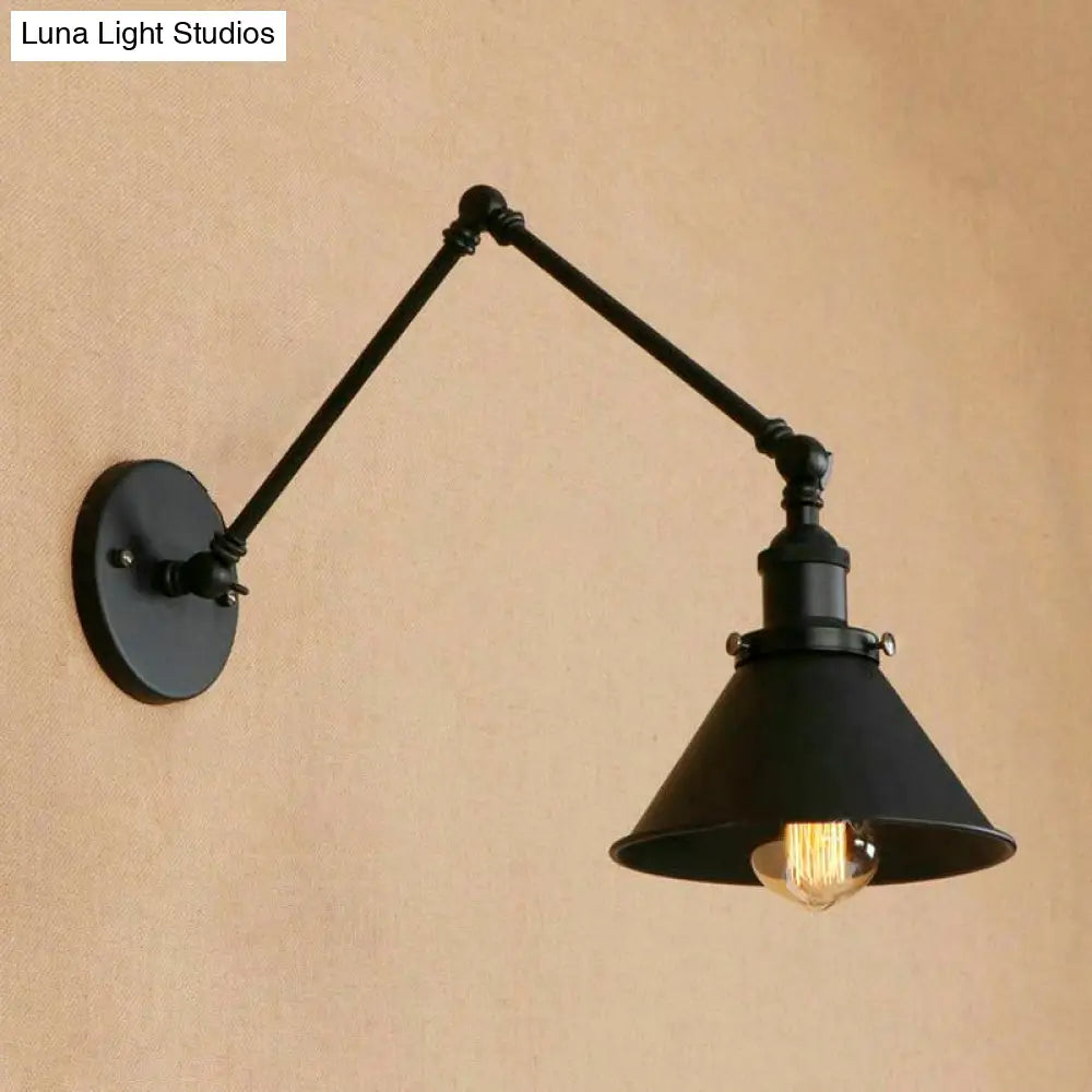 Adjustable Swing Arm Wall Sconce – Black Metal Cone Shade Light for Bedroom, Living Room & Hallway – Industrial Reading Lamp