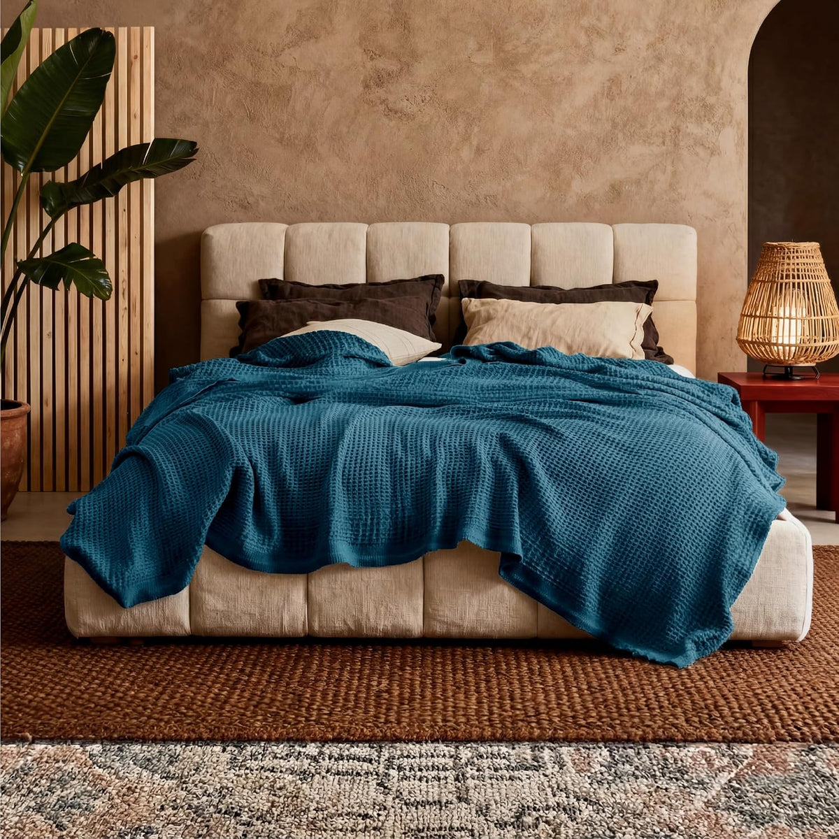 Cotton Throw Blanket for Bed, Waffle Weave Queen Size Blanket for All Seasons, Soft Breathable Cotton Blanket for Couch